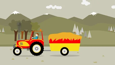 Yellow tractor with a hay trailer 스톡 동영상 101521397