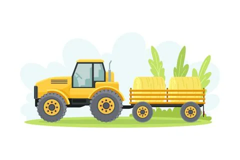 Yellow tractor pulling open trailer loading with hay, agricultural farming Illustrazione stock