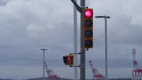 The yellow traffic light is red and prohibits driving or crossing the road. Video stock 253109890