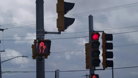 Yellow Traffic Light is Red and Prohibits Driving or Crossing the Road. Stock Footage 253109957