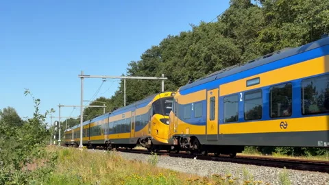Yellow Train Moving Along Tracks in Netherlands Stock Footage 342111117