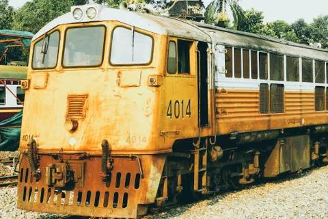Yellow train, Thailand train. Procession yellow Train led by diesel electric  Stock Photos