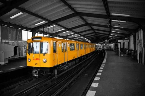 Yellow Tram,train U-Bahn in Berlin transport black white color Stock Photos