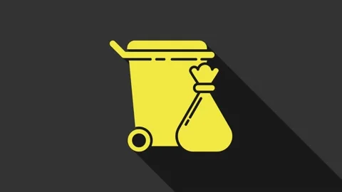 Yellow Trash can and garbage bag icon isolated on grey background. Garbage bin Stock Footage 147702166