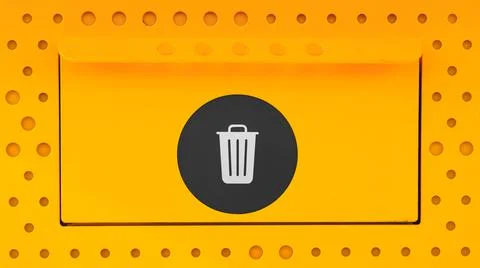 Yellow trash can close-up with a black sticker Stock Photos