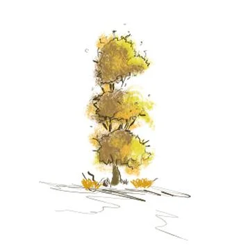 Yellow tree on white background ink paints Illustrazione stock
