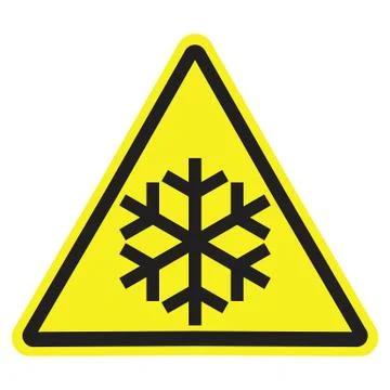 Yellow triangle warning sign with black snowflake isolated Stock Illustration