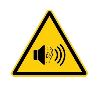 Yellow triangle warning sign with black speaker and ear icon caution danger イラスト素材