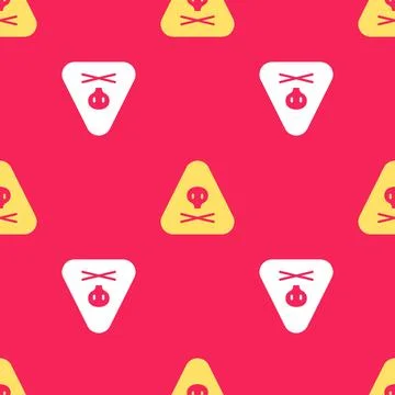 Yellow Triangle warning toxic icon isolated seamless pattern on red background Stock Illustration
