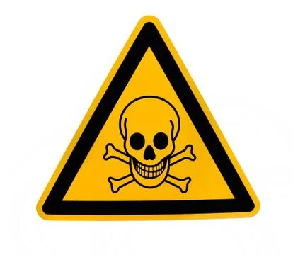 Yellow triangular danger sign with black skull 스톡 사진