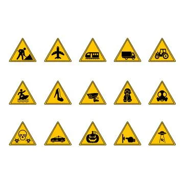 Yellow Triangular Road Signs. Vector Icons. Warning Signs. Road Works, Airp.. Illustrazione stock