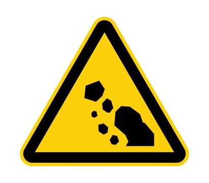 Yellow triangular warning sign with black falling rocks symbol danger hazard Stock Illustration