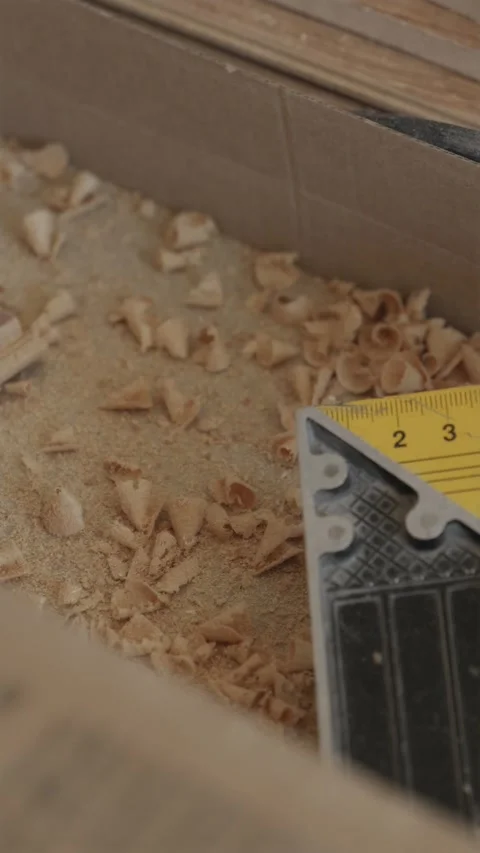 Yellow try square tool and wood sawdust on natural floor Stock Footage 346396774