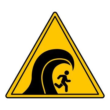 Yellow Tsunami Hazard Sign. Vector Icon. Man Running From a Big Wave. Dange.. Stock Illustration