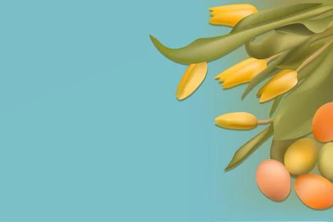 Yellow tulips and easter eggs on a blue background Stock Illustration