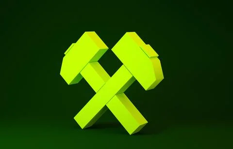 Yellow Two crossed hammers icon isolated on green background. Tool for repair 스톡 일러스트
