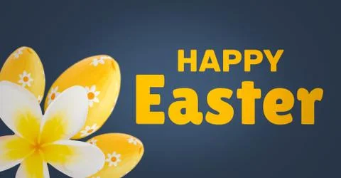 Yellow type and yellow flower and eggs against navy easter pattern Stock Illustration