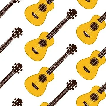 Yellow ukulele guitars seamless vector pattern on a white background Illustrazione stock