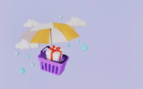 Yellow umbrella, Clouds and drops, Discount promotion, Gift in shopping basket Stock Illustration