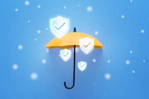 Yellow umbrella with multiple glowing shield icons with checkmarks floating a Stock Photos