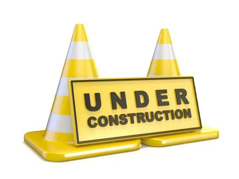 Yellow UNDER CONSTRUCTION sign and two road cones Yellow UNDER CONSTRUCTIO... Stock Photos