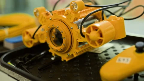 Yellow Underwater Robot Sitting in Robotics Laboratory Stock Footage 343506696