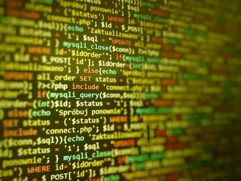 Yellow unique background. Programming PHP on laptop computer screen. Program  库存照片