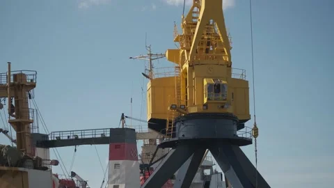 Yellow unloading crane in the river port Vidéo 168906780