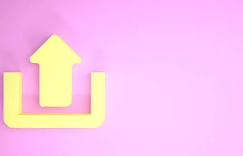 Yellow Upload icon isolated on pink background. Up arrow. Minimalism concept. Illustrazione stock