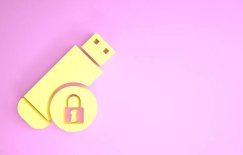 Yellow USB flash drive with closed padlock icon isolated on pink background.  库存插图
