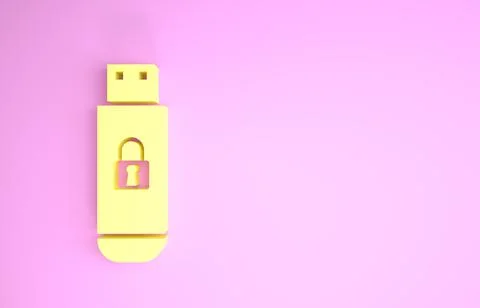 Yellow USB flash drive with closed padlock icon isolated on pink background.  Stockillustratie