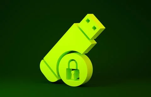 Yellow USB flash drive with closed padlock icon isolated on green background. Stockillustratie
