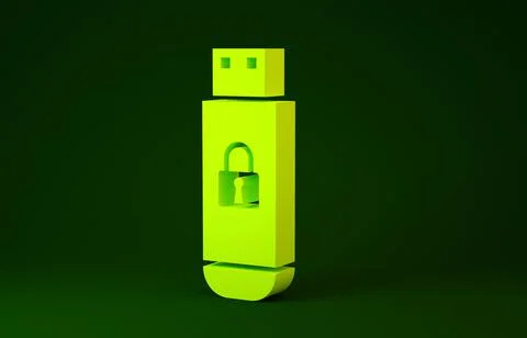 Yellow USB flash drive with closed padlock icon isolated on green background. Stock Illustration