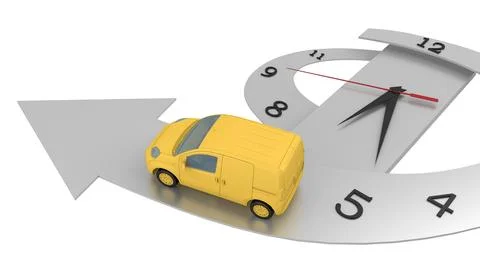 Yellow van rides on arrow clock Stock Illustration