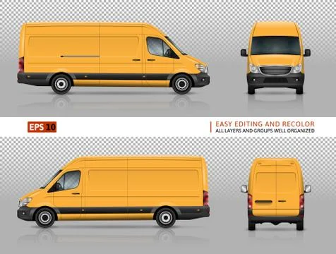 Yellow van vector mockup. Isolated vehicle template side, front, back view Stock Illustration
