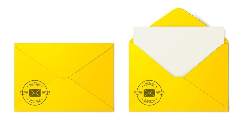 Yellow vector envelopes with a postal stamp. Ilustração Stock