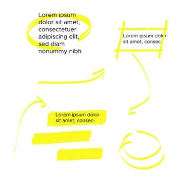 Yellow vector highlighter elements set. Yellow marker text selection Illustrazione stock