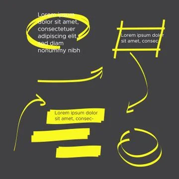 Yellow vector highlighter elements set. Yellow marker text selection Stock Illustration