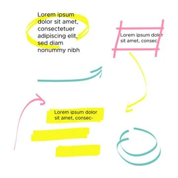 Yellow vector highlighter elements set. Yellow marker text selection Illustrazione stock