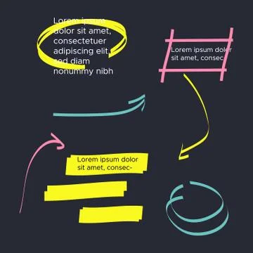 Yellow vector highlighter elements set. Yellow marker text selection Stock Illustration