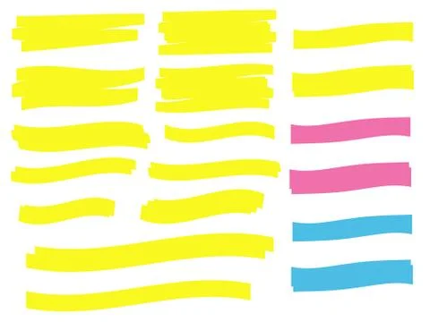 Yellow vector highlighter elements set. Yellow marker text selection Stock Illustration