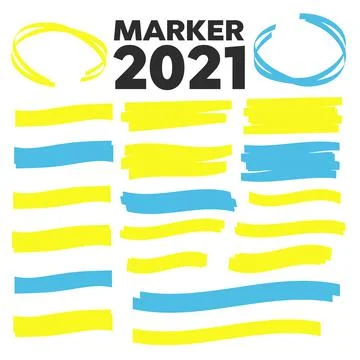 Yellow vector highlighter elements set. Yellow marker text selection Stock Illustration