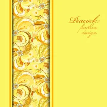 Yellow vertical border peacock feathers pattern background. Text place. Stock Illustration