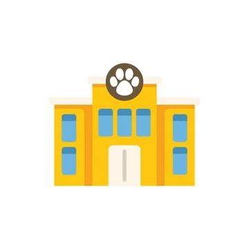 Yellow veterinary clinic building facade with a paw print sign Ilustración de archivo