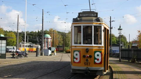 Yellow  vintage cable car on an old track Stock Footage 42632142