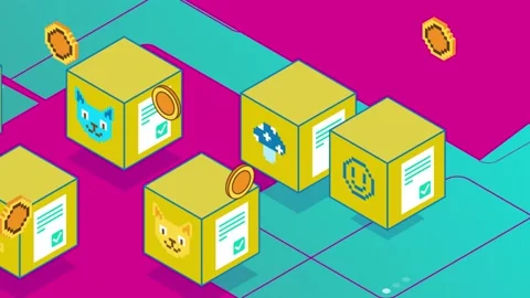 Yellow Virtual Blocks NFT CryptoArt. Money Transaction. Blockchain Technology. Stock Footage 195437018
