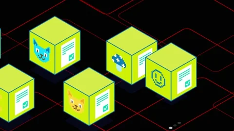 Yellow Virtual Blocks NFT CryptoArt on a Black Background. NFT Metaverse. Stock Footage 195437490