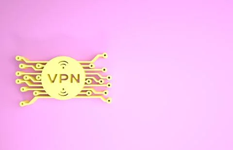 Yellow VPN in circle with microchip circuit icon isolated on pink background. イラスト素材