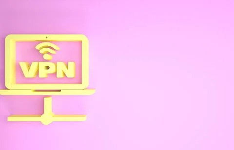 Yellow VPN Computer network icon isolated on pink background. Laptop network. Illustrazione stock