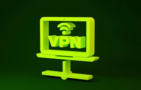 Yellow VPN Computer network icon isolated on green background. Laptop network Stock Illustration